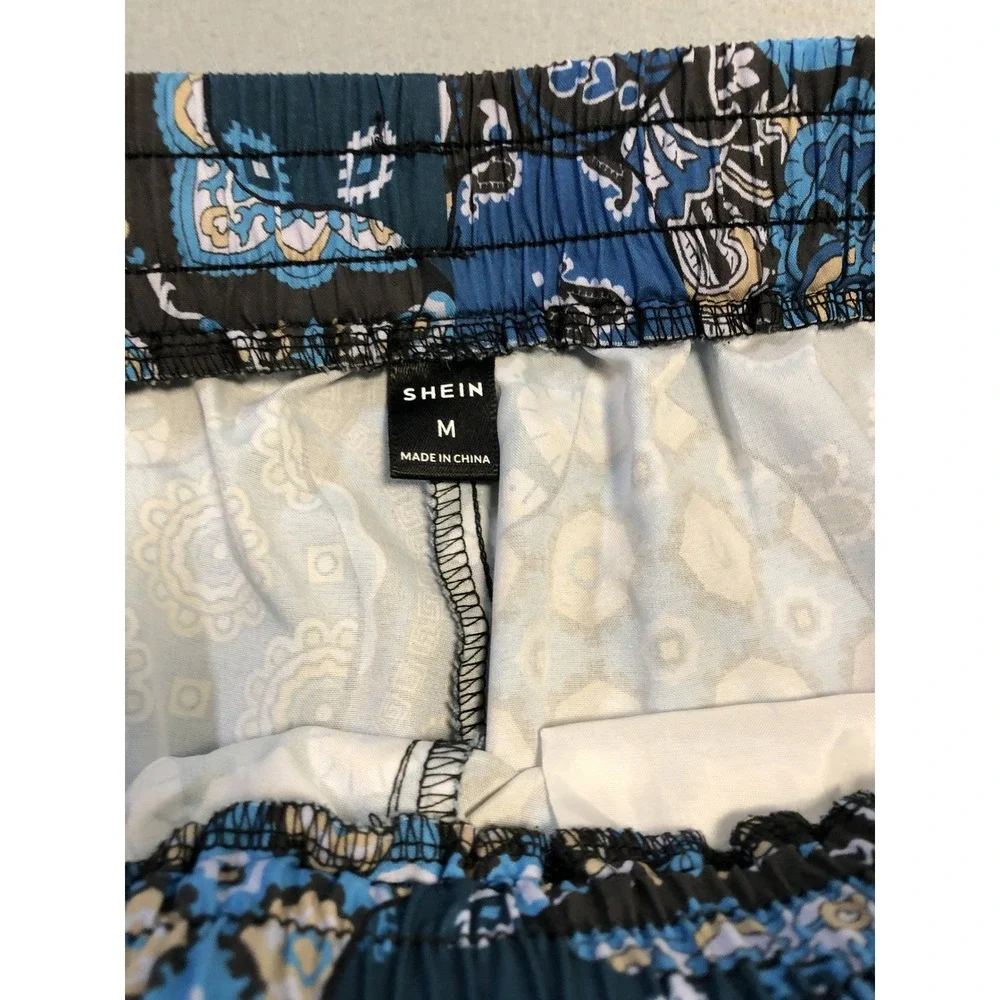 SHEIN Mens Patchwork Paisley Shorts Blue Black Drawstring Elastic Waist Size M